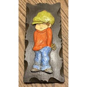 Vintage Ceramic Plaque Wall Hanging Boy with Sling Shot Signed Jomarca 76' RARE